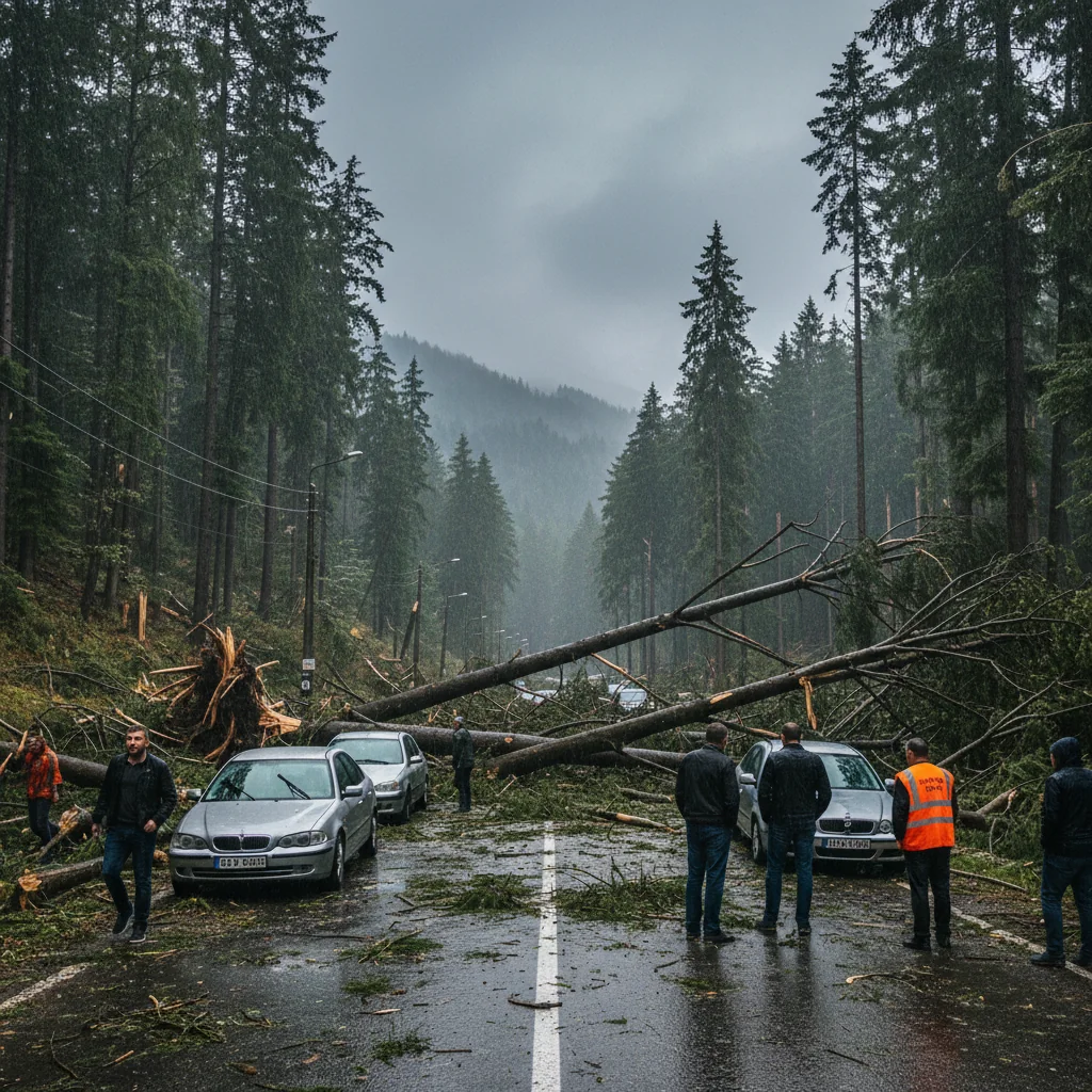 Furtună cu vânt puternic pe Valea Prahovei: intervenții în Sinaia și impact pentru traficul din Ploiești