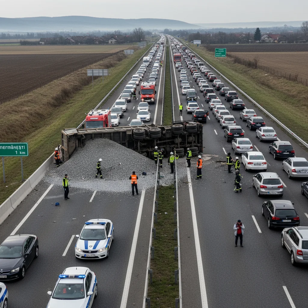 Autostrada A3 spre Ploiești blocată din cauza unei basculante cu pietriș răsturnate la Ghermănești