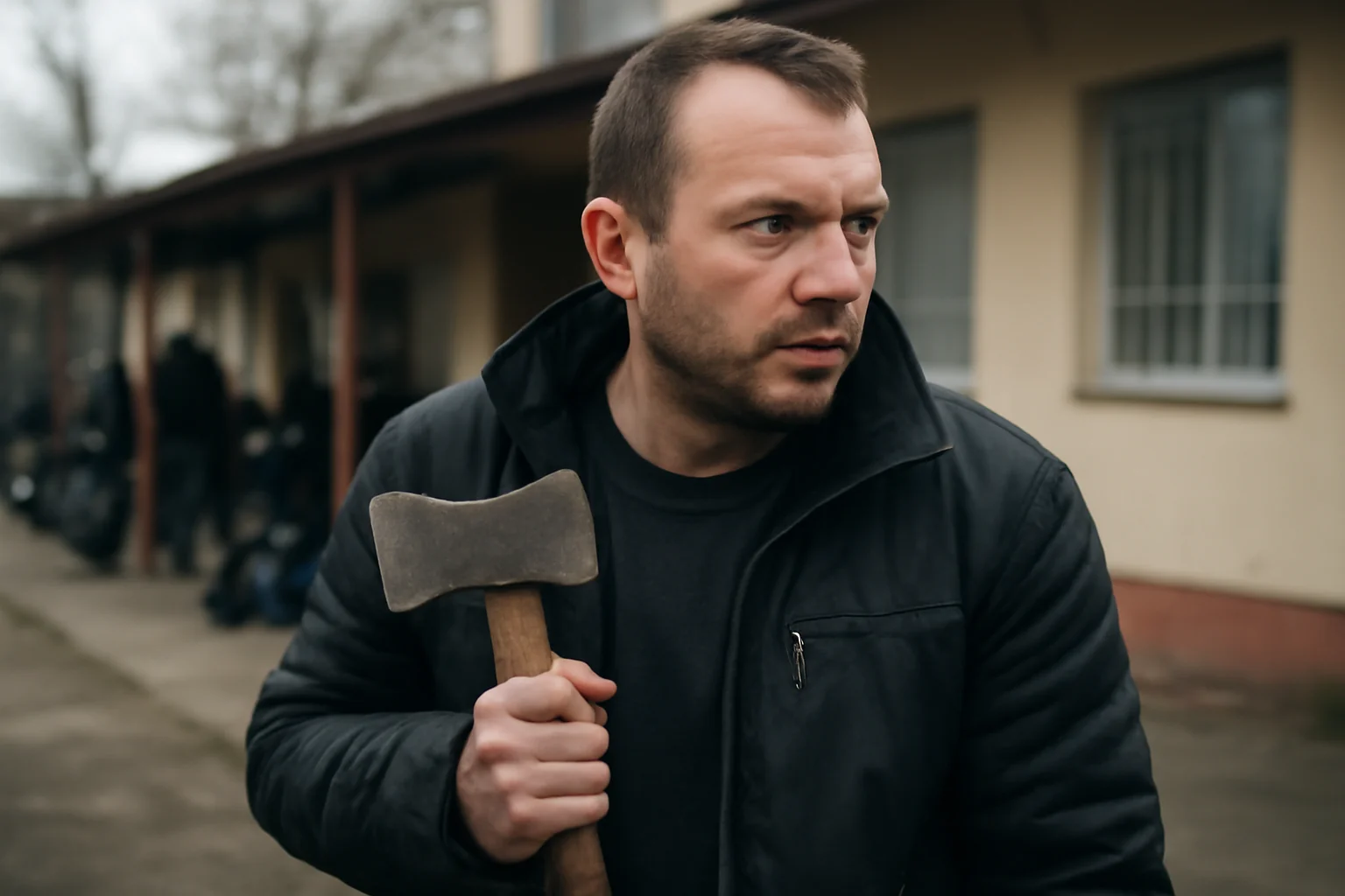 Bărbat cu satâr imobilizat de polițiști într-un centru pentru persoane fără adăpost din Ploiești