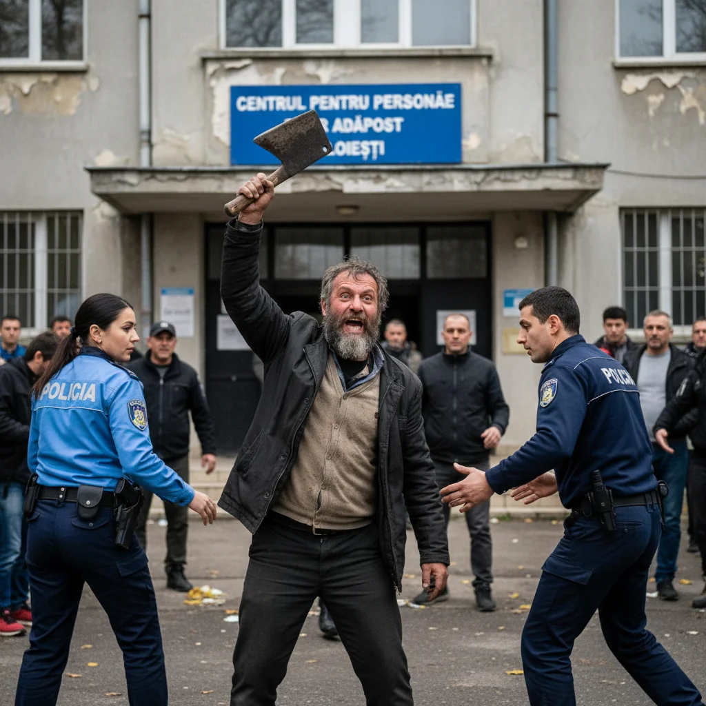 Bărbat imobilizat de polițiști după o amenințare cu satârul la Centrul pentru persoane fără adăpost din Ploiești
