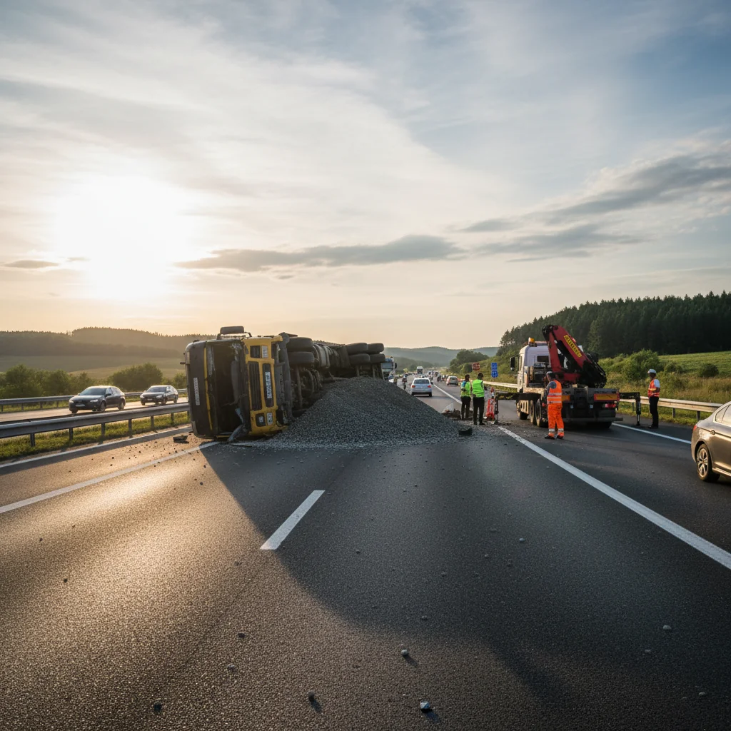 Basculantă răsturnată pe A3 – Traficul a fost reluat în condiții normale