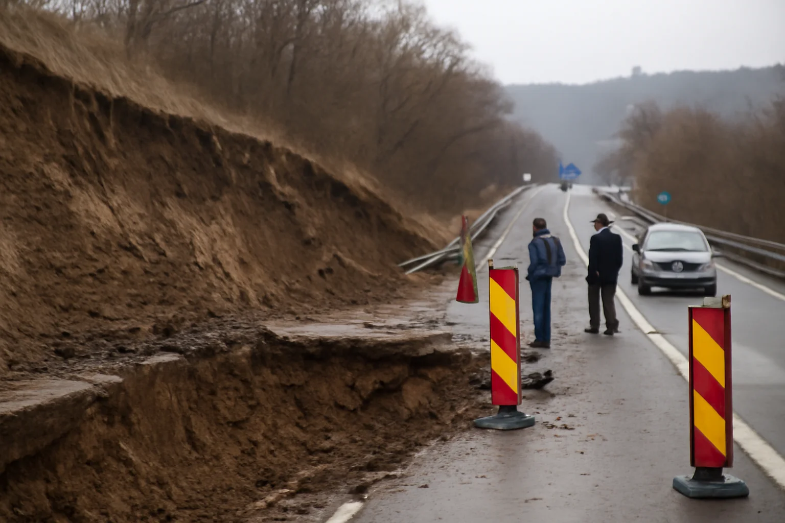 Circulație restricționată parțial pe DN1, în județul Prahova, după o alunecare de teren la terasament