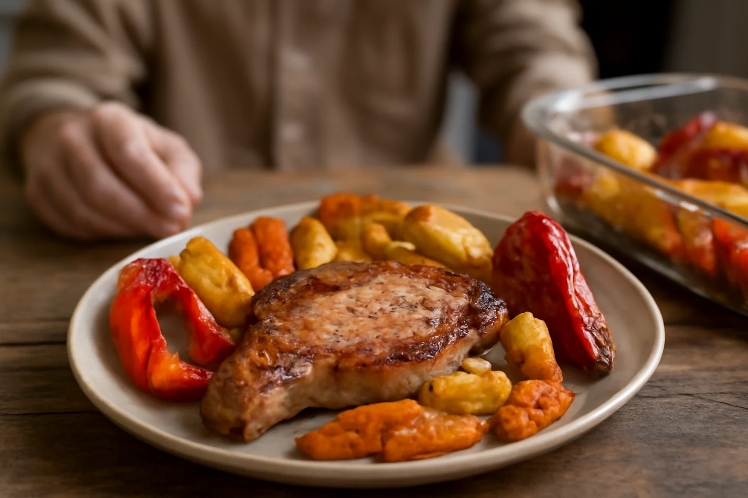 Cotlet de porc la cuptor cu legume și ardei copți – rețetă delicioasă pentru masa de familie