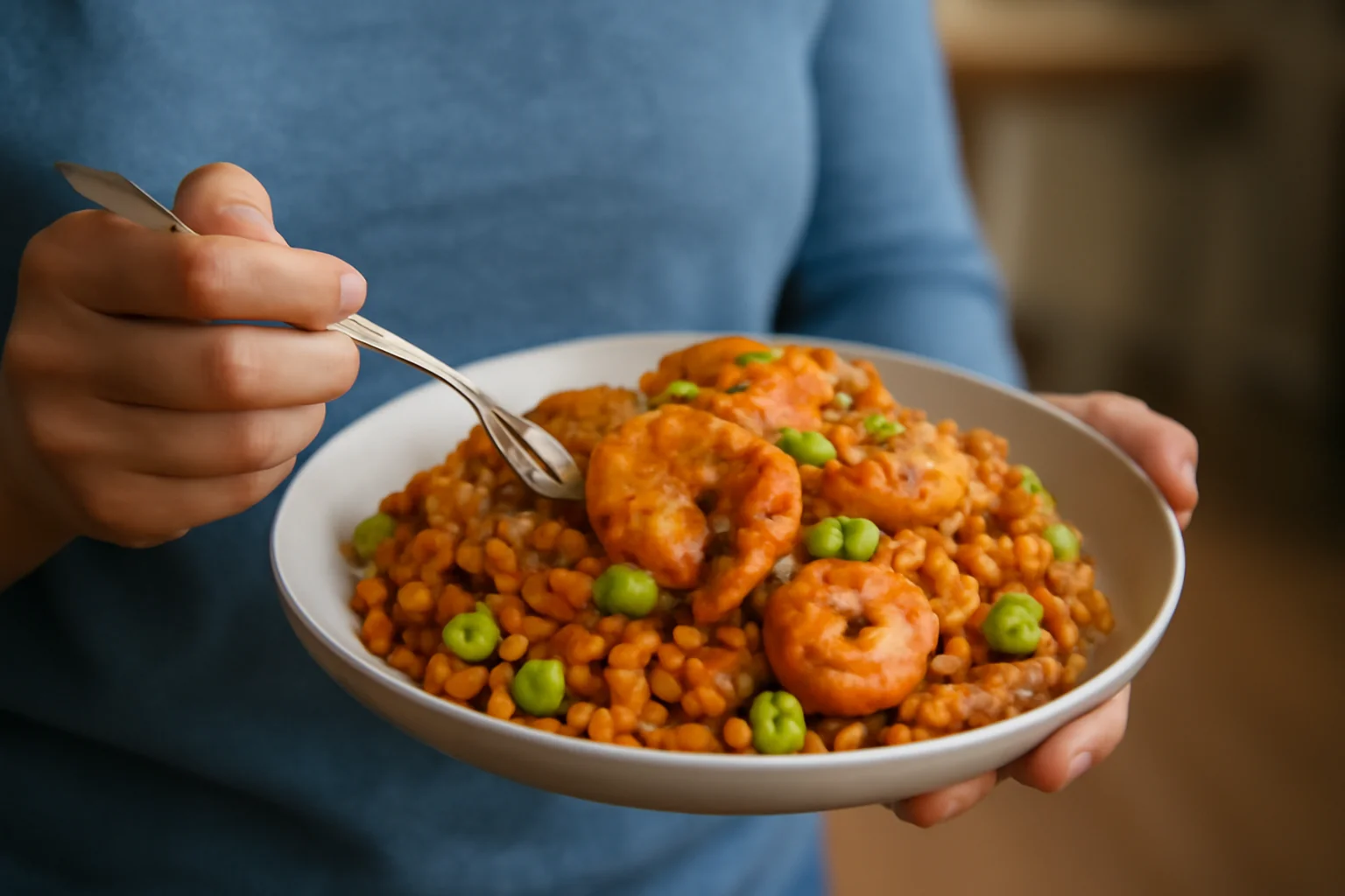 Mâncare de creveți cu edamame și orez, reinterpretare locală de tip paella