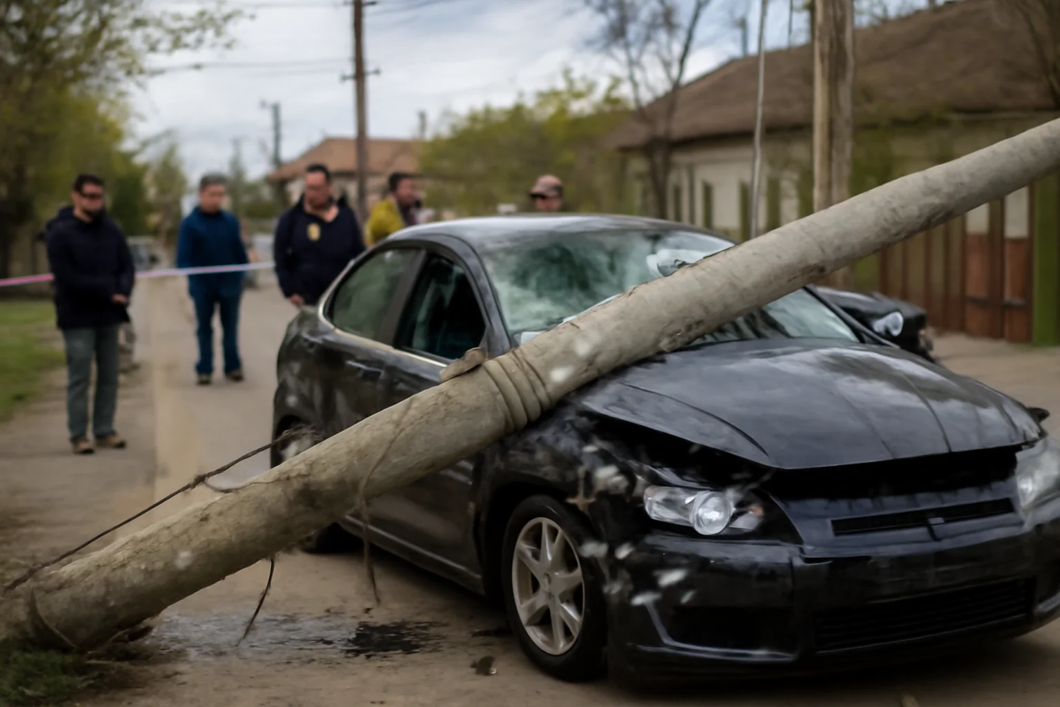 Mașină avariată grav după ce un stâlp de electricitate a căzut peste autoturism, în Ploiești