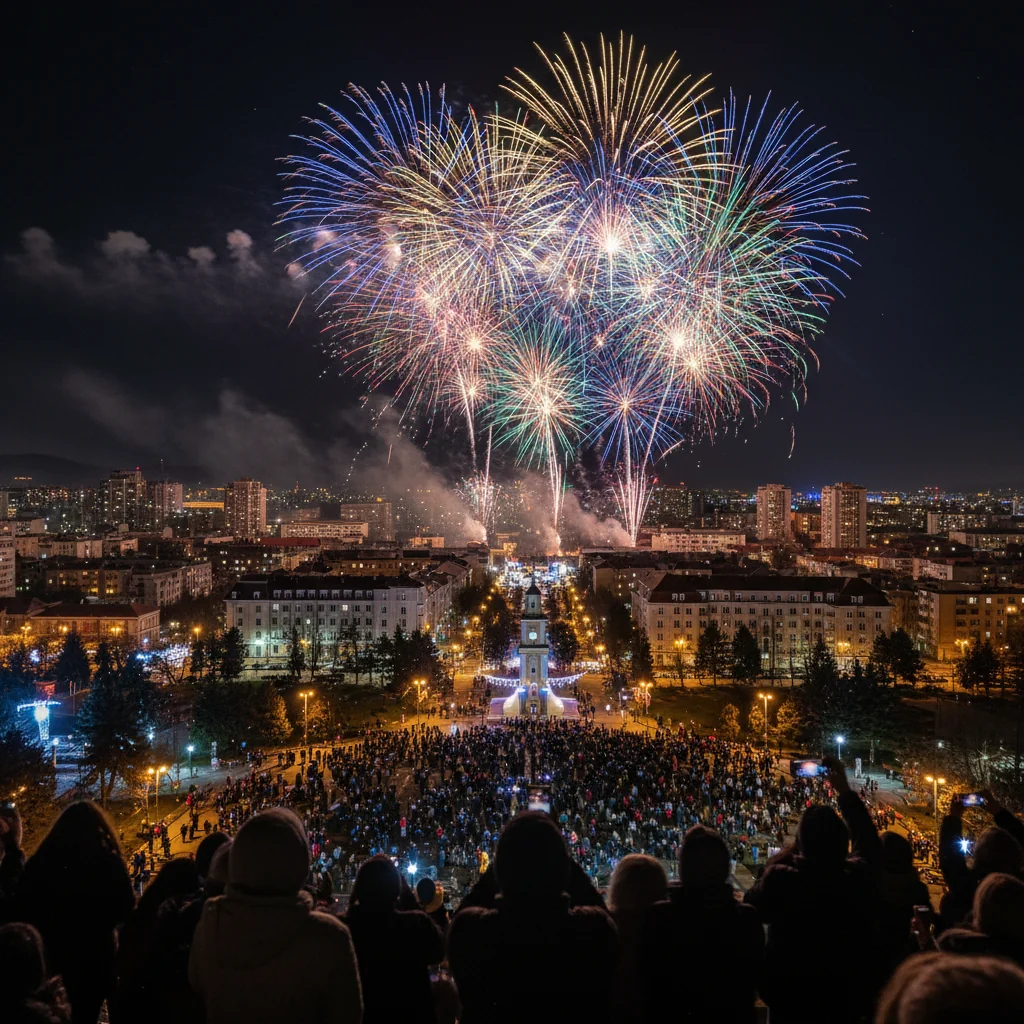 Spectacol de focuri de artificii de Revelion în centrul Ploieștiului