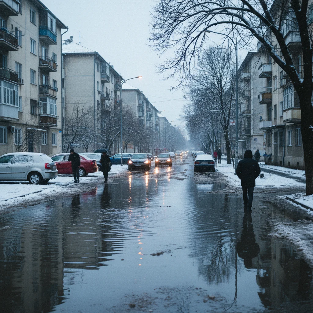Străzi cu bălți întinse după topirea zăpezii în Ploiești, pe 6 ianuarie 2026